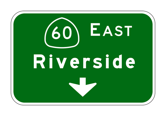 G24-5(CA) Route 60 East Riverside Pull-Through Sign with Down Arrow — official FHWA layout