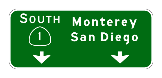 G24-6(CA) Route 1 South Monterey San Diego Pull-Through Sign with Down Arrows — official FHWA layout