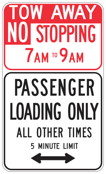 R38A(CA) TOW-AWAY NO STOPPING 7AM TO 9AM - PASSENGER LOADING ONLY ALL OTHER TIMES 5 MINUTE LIMIT w/ Double Arrow — sign artwork