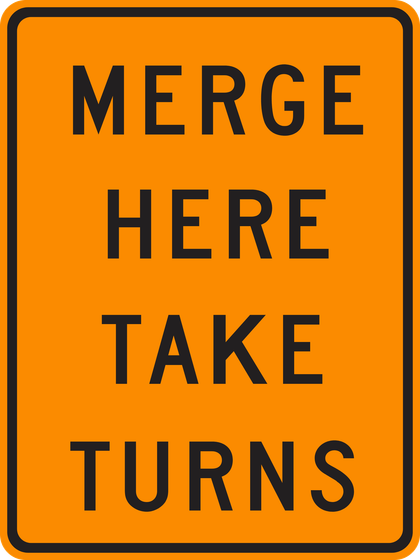 W9-2a Merge Here Take Turns — official FHWA layout