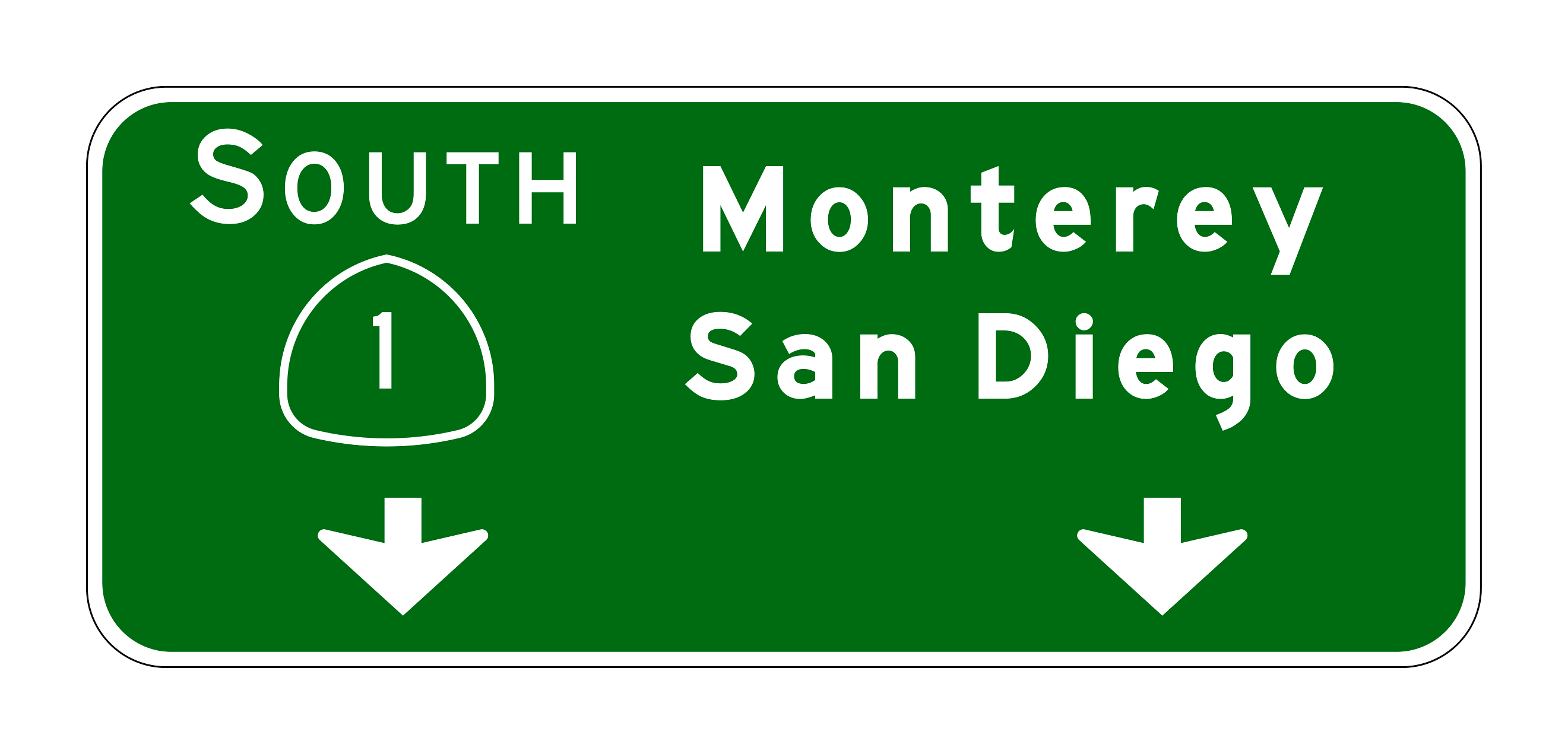 G24-6(CA) Route 1 South Monterey San Diego Pull-Through Sign with Down Arrows — official FHWA layout