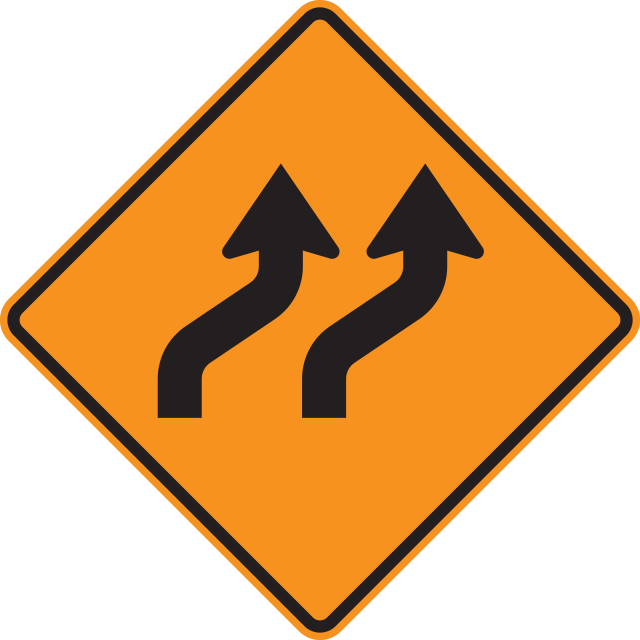W1-4b Reverse Curve (2 lanes) — official FHWA layout