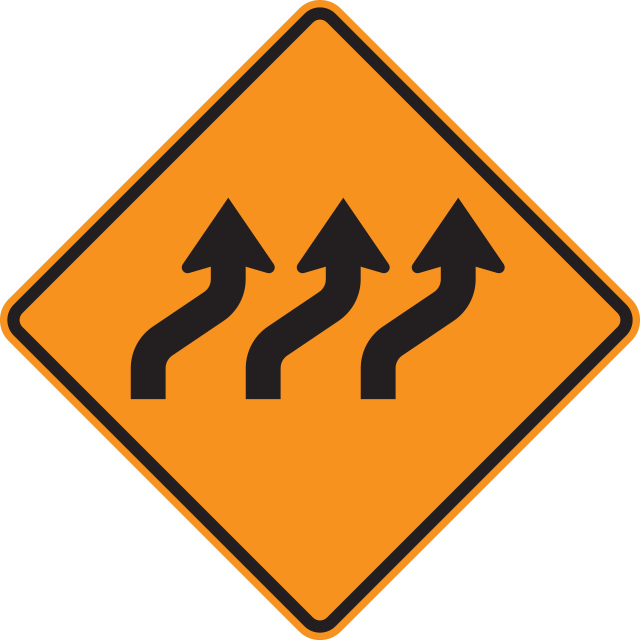 W1-4c Reverse Curve (3 lanes) — official FHWA layout